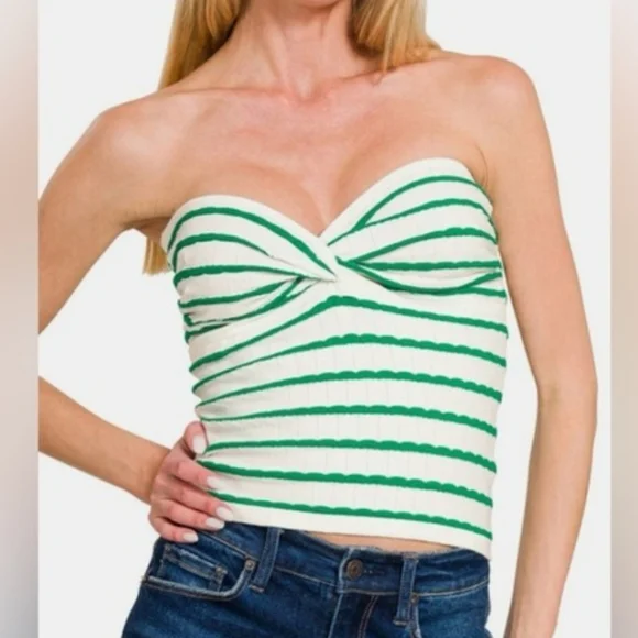 Zenana Outfitters Green & White Striped Strapless Knit Tube Top NWOT - Picture 1 of 3